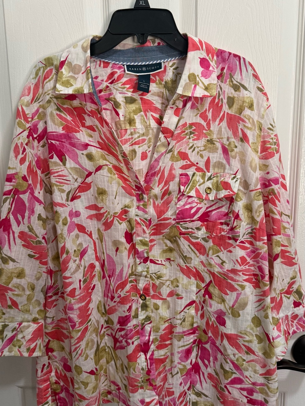 Karen Scott Pink & Coral Floral Button-Front Women's Top 3/4 sleeves 100%cotton